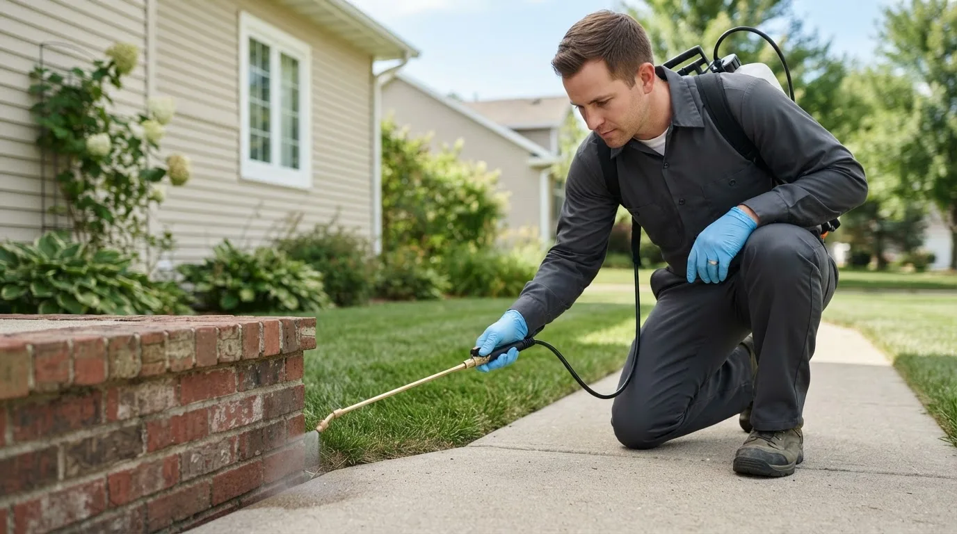 Pest control technician treating a home near Lyndon Station, WI
