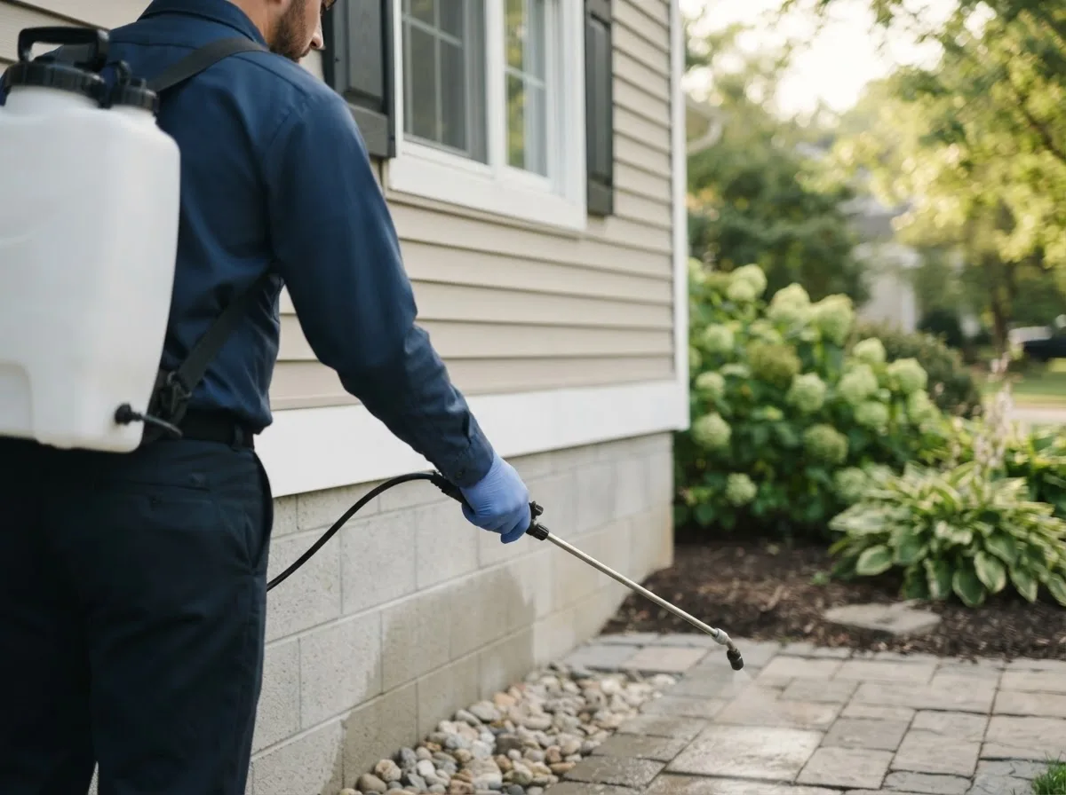 Pest control technician inspecting a home in Lyndon Station, WI
